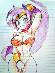 Rule 34 | 1girl, blue eyes, blush, bottomless, breasts, cleavage, covering privates, covering crotch, earrings, embarrassed, female focus, ganbari mascarpone, jewelry, large breasts, long hair, looking at viewer, navel, pointy ears, purple hair, shantae, shantae (series), smile, solo, standing, sweat, very long hair, wayforward