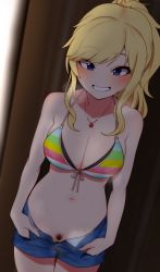 Rule 34 | 1girl, bare shoulders, bikini, blonde hair, blue eyes, blush, breasts, cleavage, cleft of venus, collarbone, commentary request, cowboy shot, denim, denim shorts, dutch angle, female pubic hair, front-tie bikini top, front-tie top, grin, hair ornament, highres, idolmaster, idolmaster cinderella girls, jewelry, long hair, looking at viewer, medium breasts, minakamirin, multicolored bikini, multicolored clothes, navel, necklace, no panties, ohtsuki yui, open fly, ponytail, pubic hair, pussy, short shorts, shorts, smile, solo, standing, stomach, striped bikini, striped clothes, swimsuit, undressing