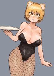 Rule 34 | 1girl, :&lt;, absurdres, animal ears, bare shoulders, black leotard, blonde hair, blush, breasts, chanta (ayatakaoisii), cleavage, collarbone, cowboy shot, dutch angle, female focus, fishnet pantyhose, fishnets, fox ears, from below, grey background, highres, holding, holding tray, large breasts, legs together, leotard, looking at viewer, matching hair/eyes, no headwear, nontraditional playboy bunny, nose blush, pantyhose, playboy bunny, short hair, simple background, slit pupils, solo, standing, sweat, thighs, touhou, tray, yakumo ran, yellow eyes
