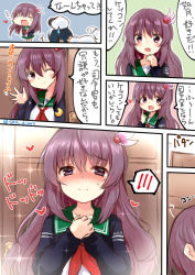 Rule 34 | 1boy, 1girl, admiral (kancolle), blue jacket, brown hair, comic, commentary request, crescent, crescent pin, green sailor collar, green skirt, hair ornament, hat, heart, jacket, kantai collection, kisaragi (kancolle), long hair, military, military uniform, naval uniform, one eye closed, peaked cap, purple eyes, sailor collar, school uniform, serafuku, skirt, sou (soutennkouchi), speech bubble, translation request, uniform