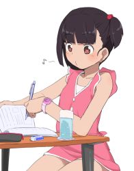 Rule 34 | 1girl, black hair, book, brown eyes, bubukka, child, closed mouth, collarbone, duplicate, eighth note, eraser, glass, heart, heart-shaped pupils, left-handed, musical note, o3o, original, pencil, pencil case, short hair, short sidetail, side ponytail, simple background, sitting, sleeveless, solo, spoken musical note, symbol-shaped pupils, table, tachibana momoka (bubukka), watch, water, whistling, white background, wristwatch