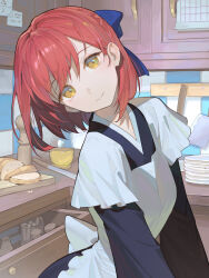 Rule 34 | 1girl, apron, black dress, blue bow, bow, bread, cupboard, dress, food, hair bow, head tilt, highres, indoors, kitchen, kohaku (tsukihime), looking at viewer, maid, red hair, short hair, smile, solo, timbougami, tsukihime, tsukihime (remake), upper body, white apron, yellow eyes