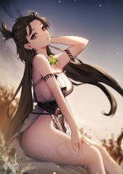 Rule 34 | 1girl, bare shoulders, body markings, breasts, brown eyes, brown hair, dress, facial mark, fate/grand order, fate (series), forehead, genyaky, head tilt, highres, himiko (fate), himiko (first ascension) (fate), huge breasts, jewelry, large breasts, long hair, looking at viewer, magatama, magatama necklace, necklace, no bra, no panties, outdoors, sideboob, sitting, smile, sunset, twintails