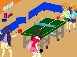 Rule 34 | 4girls, black hair, brown hair, highres, hoshizora rin, kosaka honoka, love live!, multiple girls, purple hair, table tennis, tojo nozomi, yazawa nico