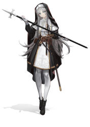 Rule 34 | 1girl, absurdres, aqua eyes, black footwear, boots, cross print, expressionless, full body, gloves, grey hair, habit, head tilt, highres, holding, holding polearm, holding weapon, long hair, long sleeves, looking at viewer, nun, original, pantyhose, polearm, sawatani ( swt2), shadow, sidelocks, simple background, solo, standing, tachi-e, weapon, white background, white gloves, white pantyhose