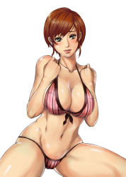 Rule 34 | 1girl, bikini, blush, breasts, brown hair, character request, cleavage, curvy, earrings, front-tie bikini top, front-tie top, green eyes, jewelry, large breasts, navel, original, short hair, simple background, solo, source request, striped bikini, striped clothes, sweat, swimsuit, thick thighs, thighs, vertical stripes, yosida komati