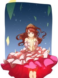 Rule 34 | 1girl, brown eyes, brown hair, closed mouth, commentary, dress, drill hair, idolmaster, idolmaster cinderella girls, interlocked fingers, jewelry, layered dress, looking at viewer, medium dress, necklace, night, night sky, off-shoulder dress, off shoulder, one side up, oono imo, outside border, own hands together, pearl necklace, pink dress, shimamura uzuki, short hair, sky, smile, solo, sparkle, standing, star (sky), starry sky, swept bangs, tired, wind