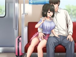Rule 34 | 1boy, 1girl, bag, bare shoulders, black hair, blush, breasts, bulge, clothes lift, day, diletta, erection, erection under clothes, fingering, hair over eyes, height difference, highres, knees together feet apart, kyokon no ani, namaiki de do-m na imouto to ichaicha suru, large breasts, legs, looking at another, medium hair, naughty face, open mouth, original, panties, penis grab, pink eyes, pink skirt, sawada yuusuke, side ponytail, sitting, skirt, skirt lift, smile, thighs, train, train interior, underwear, window