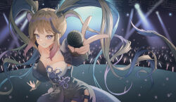 Rule 34 | 1girl, absurdres, airi kanna, blue hair, breasts, brown hair, cleavage, dress, forehead tattoo, glowstick, grin, highres, holding, holding microphone, jasmin, long hair, looking at viewer, medium breasts, microphone, multicolored hair, outstretched arm, penlight (glowstick), purple eyes, quad tails, reaching, reaching towards viewer, shoulder tattoo, sidelocks, small horns, smile, solo, stage, stage lights, stellive, tattoo, v, virtual youtuber