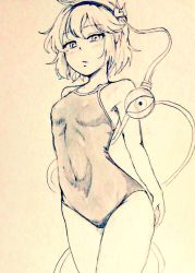 Rule 34 | 1girl, breasts, commentary request, covered navel, d-m (dii emu), eyeball, eyelashes, greyscale, hairband, horns, komeiji satori, looking at viewer, monochrome, one-piece swimsuit, short hair, swimsuit, third eye, touhou, traditional media