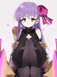 Rule 34 | 1girl, bare shoulders, breasts, cleavage, fate (series), female focus, gauntlets, guhihi, hair ornament, hair ribbon, highres, huge breasts, looking at viewer, o-ring, pantyhose, passionlip (fate), pink eyes, purple hair, ribbon, see-through, simple background, sitting, solo, weapon