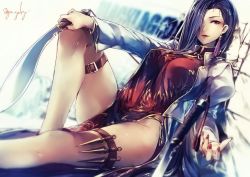 Rule 34 | 1girl, artist name, black lagoon, blue hair, china dress, chinese clothes, dress, earrings, genyaky, hair over one eye, jewelry, knife, kukri, long hair, looking at viewer, nail polish, panties, purple eyes, shenhua, side-tie panties, smile, solo, thigh strap, underwear