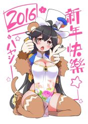 Rule 34 | 1girl, 2016, ahoge, animal ears, animal hands, bell, black hair, black thighhighs, blush, breasts, brown eyes, cellphone, cleavage, cleavage cutout, clothing cutout, dot nose, fur trim, hair between eyes, happy new year, hat, hayashi (l8poushou), holding, holding phone, large breasts, long hair, looking at viewer, monkey ears, monkey girl, monkey tail, new year, open mouth, orange panties, panties, phone, seiza, sitting, skindentation, smartphone, solo, tail, thighhighs, top hat, underwear, very long hair, w, white background, white hat