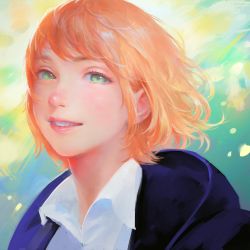 Rule 34 | 1girl, collared shirt, green eyes, grin, highres, looking at viewer, nababa, open mouth, orange hair, original, parted lips, pink lips, portrait, shirt, short hair, smile, solo, teeth, white shirt, wing collar