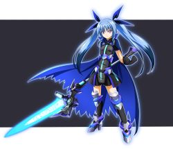 Rule 34 | 1girl, armor, black gloves, black shirt, black shorts, blue cape, blue hair, blue ribbon, cape, clenched hand, closed mouth, commentary request, frown, gloves, greaves, grey footwear, hair ribbon, highres, holding, holding weapon, letterboxed, long hair, looking at viewer, lyrical nanoha, magical girl, mahou shoujo lyrical nanoha, mahou shoujo lyrical nanoha reflection, levi the slasher, oshimaru026, overskirt, purple eyes, ribbon, shirt, short sleeves, shorts, solo, twintails, vulnificus, weapon