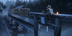Rule 34 | 1girl, architecture, belt, black eyes, black necktie, black skirt, black socks, blouse, candle, east asian architecture, expressionless, fjsmu, forest, from above, hat, highres, kneehighs, lantern, leg lift, looking to the side, nature, necktie, night, outdoors, paper lantern, pointy ears, pom pom (clothes), puffy short sleeves, puffy sleeves, red footwear, rope, shameimaru aya, shide, shimenawa, shirt, short sleeves, sitting on torii, skirt, socks, solo, stone lantern, stone walkway, tokin hat, torii, touhou, untucked shirt, white shirt, wooden wall