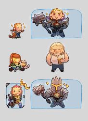 Rule 34 | &gt;:), &gt; &lt;, 1boy, 1girl, :d, aged down, alcohol, awestruck, beard, beer, blonde hair, brown hair, casual, cat, commentary, facial hair, flag, grey background, grin, hammer, highres, mini person, miniboy, minigirl, one eye closed, open mouth, overwatch, overwatch 1, ponytail, puptum, reinhardt (overwatch), scar, scar on face, shield, short twintails, simple background, smile, tank top, teeth, tongue, tongue out, twintails, v-shaped eyebrows, weapon, welding mask, whiskers (overwatch), xd