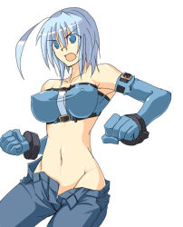 Rule 34 | 1girl, angry, blue eyes, blue hair, blue pants, breasts, clothes pull, elbow gloves, female focus, gloves, matching hair/eyes, ment, no panties, open fly, open pants, original, pants, pants pull, short hair, simple background, solo, strapless, tube top, unbuttoned, unzipped, white background