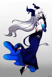 Rule 34 | 1girl, back tattoo, bare back, bare shoulders, blue dress, blue eyes, diabla (elsword), dress, elsword, from behind, full body, hair between eyes, high heels, highres, horns, long hair, looking at viewer, looking back, luciela r. sourcream, m.hyang, open mouth, pointy ears, smile, solo, tail, tattoo, very long hair, white hair
