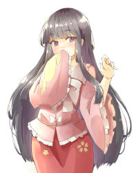 Rule 34 | 1girl, arnest, big hair, black hair, blouse, blunt bangs, blunt ends, blush, bow, bowtie, bright pupils, cherry blossom print, collared shirt, covered mouth, covering own mouth, cowboy shot, dot nose, floral print, frilled shirt collar, frilled sleeves, frills, half-closed eyes, hand over own mouth, hands up, highres, houraisan kaguya, japanese clothes, long hair, looking at viewer, looking to the side, narrowed eyes, pink shirt, print shirt, print skirt, purple eyes, red skirt, shiny skin, shirt, simple background, skirt, sleeves past fingers, sleeves past wrists, solo, standing, straight hair, touhou, very long hair, white background, white bow, white bowtie, white pupils, wide sleeves, wing collar
