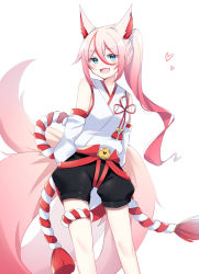 Rule 34 | 1girl, :d, animal ears, bare shoulders, blue eyes, blush, boxers, breasts, detached sleeves, fox ears, fox tail, gradient hair, hair between eyes, hands in pockets, highres, higokumaru, honkai (series), honkai impact 3rd, japanese clothes, long hair, looking at viewer, male underwear, multicolored hair, multiple tails, nontraditional miko, open mouth, pink hair, ponytail, red ribbon, ribbon, simple background, smile, solo, standing, streaked hair, tail, underwear, white background, wide sleeves, yukki 0125