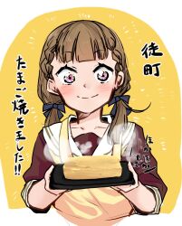 Rule 34 | 1girl, apron, blunt bangs, blush, braid, brown dress, brown hair, center-flap bangs, closed mouth, collarbone, dress, food, glowing lines, hasu no sora school uniform, highres, holding, holding plate, kachimachi kosuzu, kouhou ato, link! like! love live!, long hair, looking at viewer, love live!, low twintails, medium dress, neckerchief, omelet, pink eyes, plate, sailor collar, school uniform, side braids, sleeves past elbows, sleeves rolled up, smile, solo, split mouth, steam, tamagoyaki, translation request, twintails, upper body, virtual youtuber, white sailor collar, winter uniform, yellow apron, yellow background, yellow neckerchief