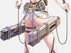 Rule 34 | 1girl, ass, bare back, grey background, kebei, lace, lace-trimmed panties, lace trim, mikasa ackerman, panties, shingeki no kyojin, simple background, solo, sword, thigh strap, thighs, three-dimensional maneuver gear, underwear, weapon, white panties, wire