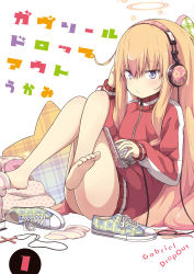 Rule 34 | 10s, 1girl, bare legs, barefoot, blonde hair, computer, cover, feet, gabriel dropout, gabriel tenma white, grey eyes, gym uniform, halo, headphones, highres, laptop, long hair, long sleeves, md5 mismatch, resolution mismatch, shoes, unworn shoes, single sock, sock dangle, socks, unworn socks, solo, source smaller, toes, ukami, very long hair