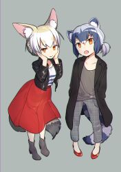 Rule 34 | 2girls, :o, absurdres, alternate costume, alternate hairstyle, animal ear fluff, animal ears, black jacket, boots, brown eyes, brown shirt, capri pants, closed mouth, common raccoon (kemono friends), fennec (kemono friends), fox ears, fox girl, fox tail, full body, grey background, grey footwear, grey pants, hands on own face, hands up, head tilt, high heel boots, high heels, highres, jacket, kemono friends, leather, leather jacket, light brown hair, long sleeves, multicolored hair, multiple girls, omucchan (omutyuan), one side up, open clothes, open jacket, open mouth, pants, plaid, plaid pants, pleated skirt, raccoon ears, raccoon girl, raccoon tail, red footwear, red skirt, shirt, shoes, simple background, skirt, smile, striped clothes, striped shirt, striped tail, tail, two-tone hair, unmoving pattern, white hair, white shirt