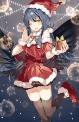 Rule 34 | 1girl, ;d, bad id, bad pixiv id, bare shoulders, bauble, black bow, black ribbon, black thighhighs, blue background, blue hair, blush, bow, christmas, christmas ornaments, dress, en (shisui no utage), feathered wings, feet out of frame, fur-trimmed dress, fur-trimmed footwear, fur-trimmed headwear, fur trim, gift, hat, highres, holding, holding gift, long hair, looking at viewer, off-shoulder dress, off shoulder, one eye closed, open mouth, original, pom pom (clothes), red dress, red footwear, red hat, ribbon, santa costume, santa hat, smile, solo, standing, standing on one leg, thighhighs, wings, wrist cuffs, yellow eyes