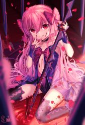Rule 34 | 1girl, :q, aged down, babydoll, bare shoulders, black choker, black neckwear, black thighhighs, blood, blood on clothes, blood on face, blood on hands, bloody weapon, blurry, blurry foreground, bow, breasts, choker, closed mouth, dead apostle noel (tsukihime), hair bow, head tilt, highres, holding, holding sword, holding weapon, long hair, looking at viewer, multicolored clothes, multicolored legwear, nattsu (nattu888 8), noel (tsukihime), petals, pink bow, pink hair, pool of blood, red eyes, rose petals, sidelocks, signature, sitting, sleeveless, small breasts, smile, solo, spoilers, sword, thighhighs, tongue, tongue out, tsukihime, tsukihime (remake), upturned eyes, very long hair, wariza, weapon, wrist cuffs