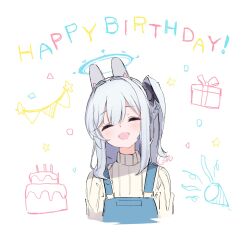 Rule 34 | 1girl, alternate costume, animal ears, blue archive, blue halo, blue overalls, braid, closed eyes, earpiece, facing viewer, fake animal ears, grey hair, halo, happy birthday, highres, long hair, miyako (blue archive), one side up, open mouth, osisio, overalls, rabbit ears, simple background, smile, solo, sweater, upper body, white background, white sweater
