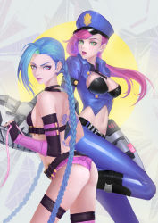 Rule 34 | 2girls, absurdres, alternate costume, ammunition, ass, black footwear, black gloves, blue hair, boots, braid, earrings, fingerless gloves, gloves, green eyes, gun, hat, heart, heart-shaped pupils, highres, jewelry, jinx (league of legends), le (huanglongen), league of legends, leg lift, legband, long hair, looking at viewer, midriff, multiple girls, navel, officer vi, open mouth, pink eyes, pink hair, pink legwear, police hat, short shorts, shorts, siblings, sisters, symbol-shaped pupils, tattoo, thighhighs, twin braids, very long hair, vi (league of legends), weapon