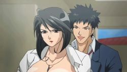 Rule 34 | 1boy, 1girl, animated, animated gif, bakunyuu bomb, black hair, blush, grabbing another&#039;s breast, breasts, brown eyes, clothes lift, fingering, garter straps, grabbing, groping, hetero, huge breasts, huge nipples, jewelry, large areolae, long nipples, moaning, necklace, nipples, no bra, open clothes, open mouth, open shirt, pink eyes, pussy juice, shirt, short hair, skirt, skirt lift, teacher, wakatsuki risa