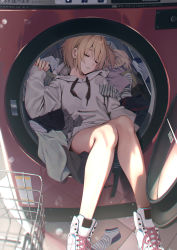 Rule 34 | 1girl, absurdres, blonde hair, closed eyes, commentary request, feet out of frame, highres, hood, hood down, hoodie, indoors, knees together feet apart, long sleeves, lying, on back, original, parted lips, rerrere, shoes, short hair, signature, sleeping, sleeves past wrists, solo, washing machine, white footwear, white hoodie