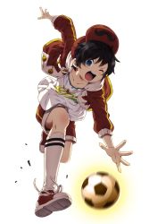 Rule 34 | 1boy, ;o, ball, baseball cap, black hair, blue eyes, comiccho, full body, hat, highres, male focus, official art, one eye closed, outstretched hand, red hat, red shorts, running, shoes, shorts, sneakers, soccer ball, soccer spirits, socks, solo, transparent background, tyler (soccer spirits), white socks