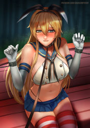 Rule 34 | 1girl, badcompzero, bare shoulders, bdsm, bench, blonde hair, blue eyes, blush, chain, collarbone, cuffs, elbow gloves, gloves, hairband, highres, kantai collection, leash, long hair, looking at viewer, midriff, navel, red thighhighs, shackles, shimakaze (kancolle), sitting, skindentation, skirt, solo, striped clothes, striped thighhighs, thighhighs, white gloves, white thighhighs