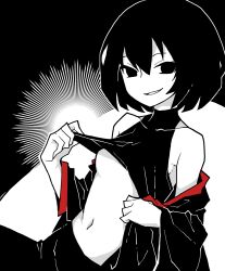 Rule 34 | 1girl, akableak, armpits, bare shoulders, black background, black eyes, black gloves, black jacket, black pants, black shirt, bob cut, breasts, closed mouth, clothes lift, clothes pull, collarbone, commentary, crop top, cropped shirt, empty eyes, english commentary, from side, gakuran, gloves, grin, hair between eyes, high contrast, highres, jacket, lifting own clothes, long sleeves, looking at viewer, looking to the side, midriff, monogatari (series), naoetsu high school uniform, naughty face, navel, no bra, no nipples, notice lines, off shoulder, open clothes, open jacket, opened by self, oshino ougi, outline, pale skin, pants, parted lips, school uniform, shirt, shirt lift, short hair, sitting, sleeveless, sleeveless shirt, small breasts, smile, solo, teasing, turtleneck, underboob, undressing, upper body, white background, white outline
