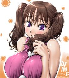 Rule 34 | 10s, 1girl, amania orz, bare shoulders, blush, breasts, brown hair, character name, dated, diane (nanatsu no taizai), twirling hair, impossible clothes, impossible sweater, large breasts, long hair, nanatsu no taizai, parted lips, purple eyes, smile, solo, sweater, twintails, twitter username, upper body