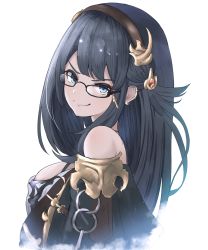 Rule 34 | 1girl, black hair, blue eyes, breasts, ear piercing, from side, glasses, granblue fantasy, hairband, highres, illnott (granblue fantasy), off shoulder, peru (pe ru 5), piercing, simple background, smile, solo, white background
