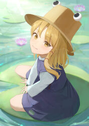 Rule 34 | 1girl, absurdres, animal print, blonde hair, closed mouth, commentary request, frog print, from above, full body, hat, highres, lily pad, long hair, long sleeves, looking at viewer, moriya suwako, palulap, purple skirt, purple vest, seiza, shirt, sitting, skirt, smile, solo, touhou, vest, water, white shirt, yellow eyes