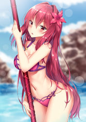 Rule 34 | 1girl, arched back, bikini, blurry, blurry background, blush, breasts, cleavage, commentary, cowboy shot, day, eyes visible through hair, fate/grand order, fate (series), flower, hair flower, hair intakes, hair ornament, holding, holding weapon, legs together, long hair, looking at viewer, medium breasts, navel, outdoors, parted lips, polearm, purple bikini, purple eyes, purple hair, revision, rong yi tan, scathach (fate), scathach (fate/grand order), scathach (swimsuit assassin) (fate), solo, standing, stomach, swimsuit, very long hair, water, weapon