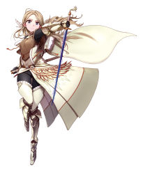 Rule 34 | 1girl, armor, armored boots, bad id, bad pixiv id, black gloves, black pants, blonde hair, blue eyes, boots, feather hair ornament, feathers, floating hair, full body, gloves, feather hair ornament, highres, holding, holding sword, holding weapon, long hair, looking at viewer, original, pants, pemu, pomon illust, simple background, solo, standing, sword, weapon, white background, white feathers
