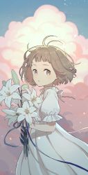 Rule 34 | 1girl, brown eyes, brown hair, closed mouth, cloud, commentary, dress, flower, from side, hana moto, highres, holding, holding flower, light particles, looking at viewer, looking to the side, original, outdoors, short hair, short sleeves, solo, white dress, white flower