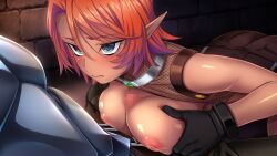 Rule 34 | 1girl, blue eyes, blush, breasts, breasts squeezed together, censored, collar, elf, elfen king, embarrassed, fishnet top, fishnets, game cg, gloves, grabbing own breast, hikage eiji, huracan, indoors, kneeling, large breasts, looking at another, lune (company), mosaic censoring, nana g, nipples, original, paizuri, penis, pointy ears, red hair, sara (elfen king), short hair, sitting