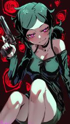Rule 34 | 1girl, ashley graves, bare shoulders, black choker, black hair, blush, breasts, bright pupils, choker, cleavage, eye print, green shirt, green shorts, gun, hal-bard, handgun, highres, holding, holding gun, holding weapon, looking at viewer, off shoulder, pink eyes, pink nails, print background, shirt, short shorts, shorts, sitting, smirk, solo, the coffin of andy and leyley, weapon, white pupils