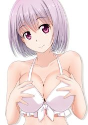 Rule 34 | 10s, 1girl, bikini, breasts, cleavage, commentary request, frilled bikini, frilled bikini top, frills, front-tie top, fuuma nagi, gridman universe, large breasts, light purple hair, looking at viewer, purple eyes, shinjou akane, short hair, simple background, smile, solo, ssss.gridman, swimsuit, upper body, white background, white bikini