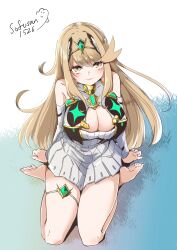 Rule 34 | 1girl, absurdres, bare shoulders, barefoot, blonde hair, breasts, cleavage, cleavage cutout, clothing cutout, full body, highres, large breasts, long hair, looking at viewer, mythra (xenoblade), sitting, smile, sofusan1526, solo, xenoblade chronicles (series), xenoblade chronicles 2, yellow eyes