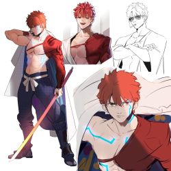 Rule 34 | 1boy, bare pectorals, character sheet, emiya shirou, fate/grand order, fate (series), glowing tattoo, igote, juer1004, limited/zero over, male focus, orange hair, pectorals, single bare shoulder, sword, weapon, yellow eyes