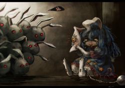 Rule 34 | 1girl, against wall, animal ears, ball and chain restraint, blood, blue hair, buck teeth, chain, chained, crying, crying with eyes open, dress, earclip, koto inari, letterboxed, long hair, looking at another, moon rabbit, moon rabbit extra (touhou), rabbit, rabbit ears, red eyes, seiran (touhou), sitting, stapled, steel ball (jojo), tears, teeth, touhou